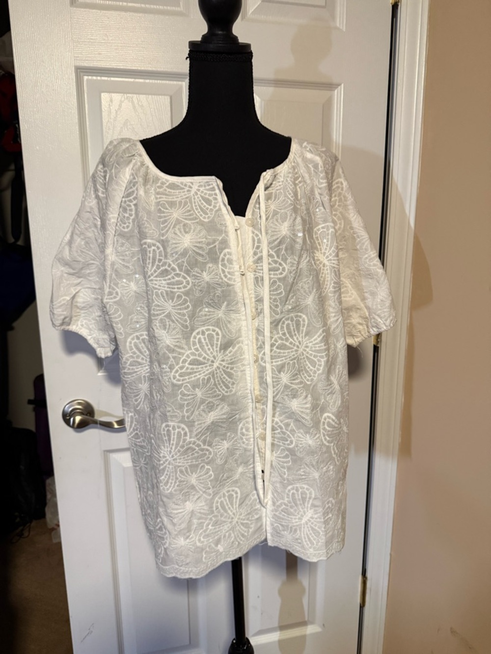 White Embroidered Cotton-Blend Women's Peasant Blouse